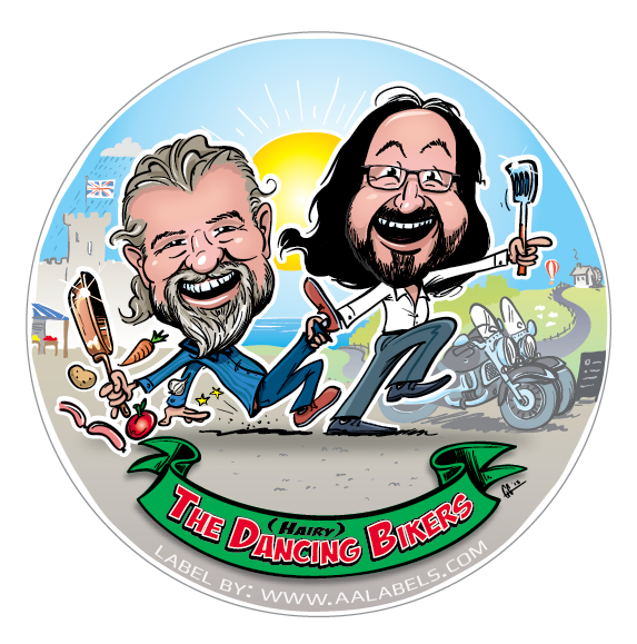 Motorbike Sticker: Dave Myers dancing with Si King Caricature Motorbike Sticker: Dave Myers dancing with Si King Caricature