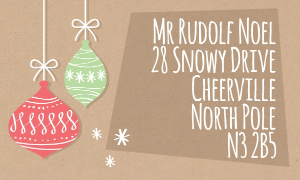 Christmas address label gold with hanging baubels