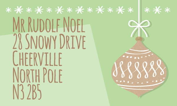 Christmas address label green with gold baubel