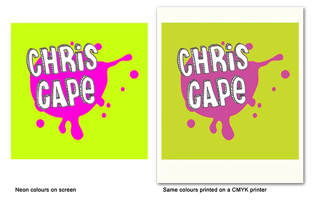 Neon Colours on Screen compared to CMYK printer